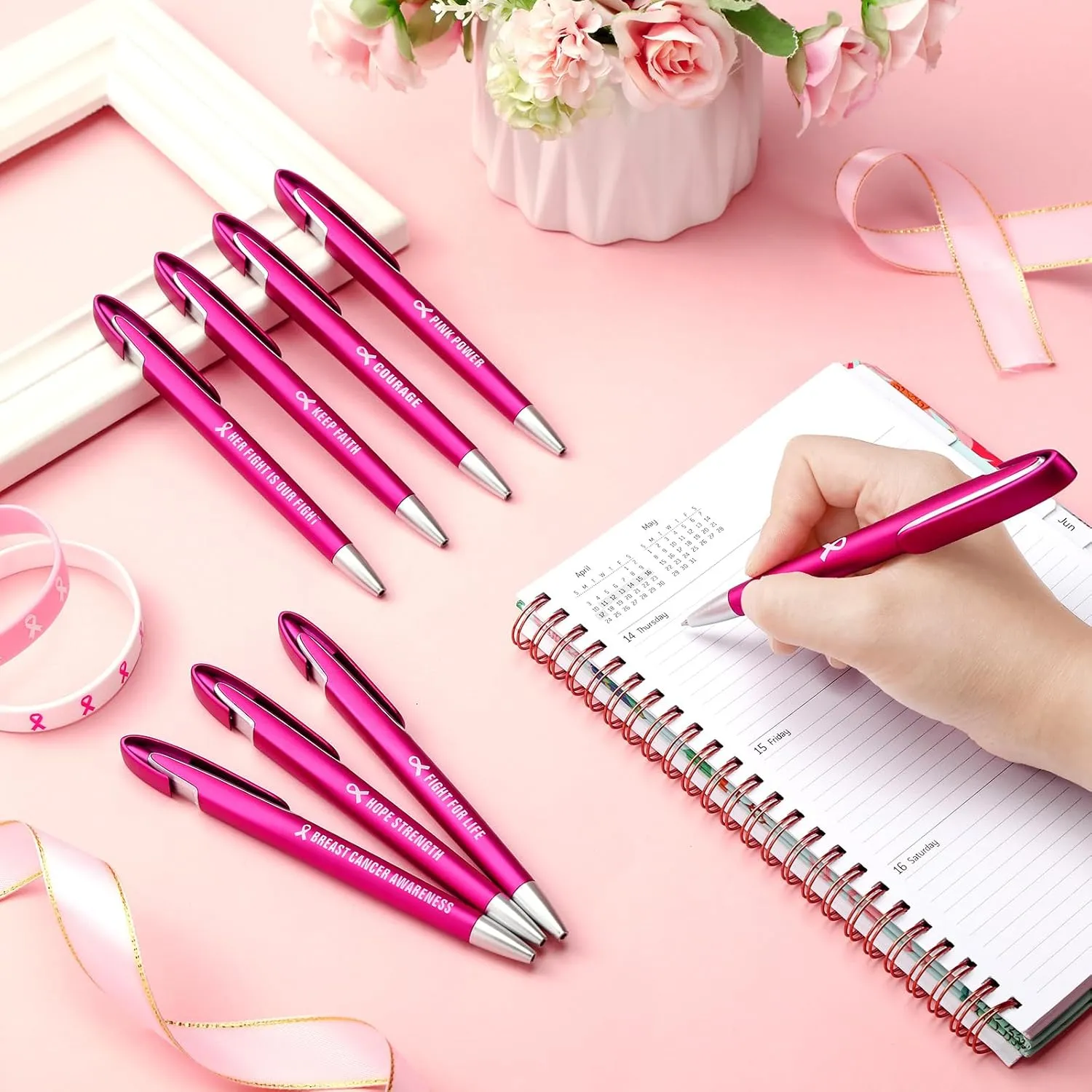 Lincia 100 Pcs Breast Cancer Awareness Ballpoint Pens Bulk Quotes Inspiration Gifts Retractable Medium Point Pens with Black Ink Thank You Gifts for Graduation, Nurses Day, Mother's Day