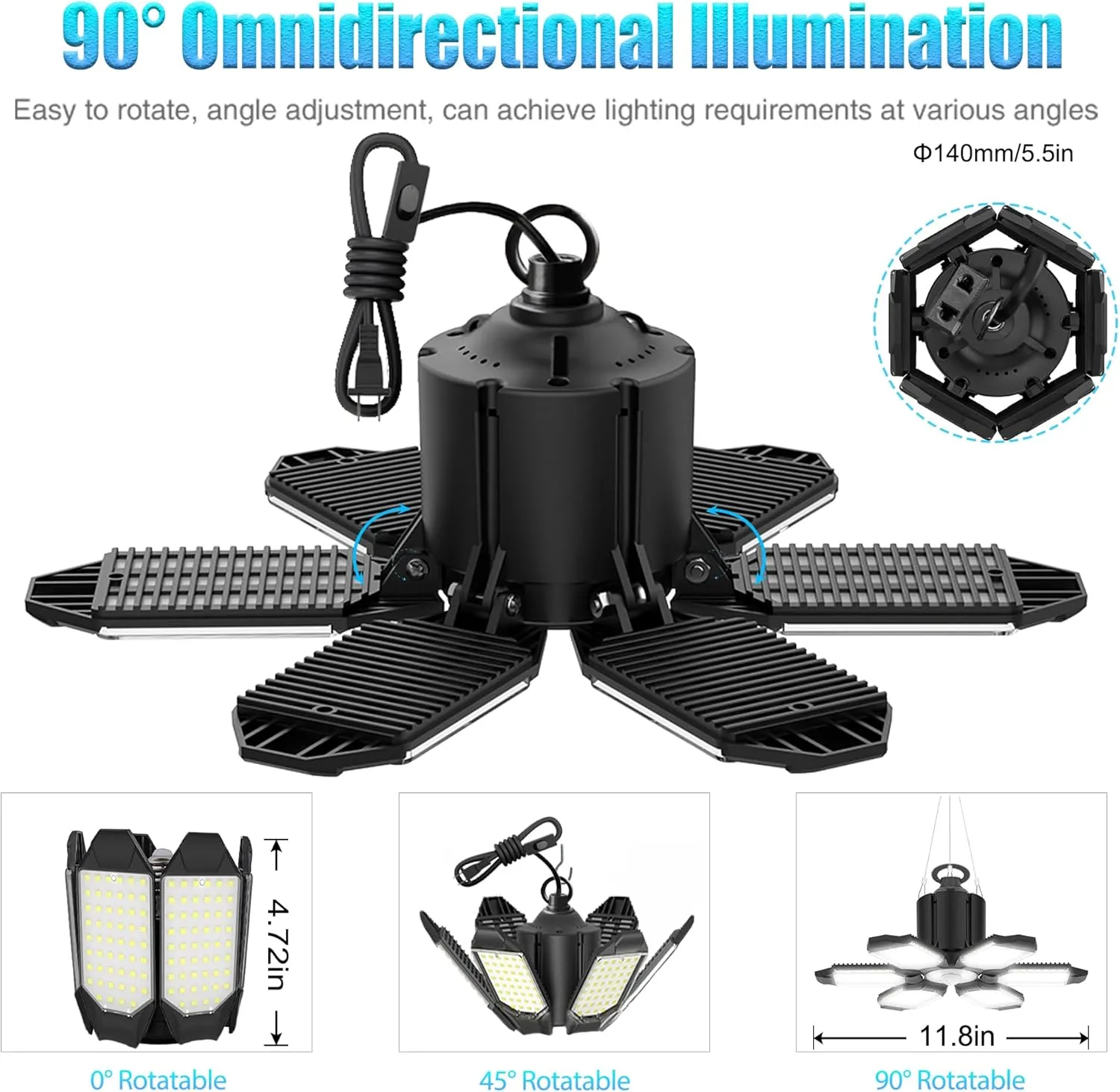 Linkable LED Shop Light with 6 Deformable Panels, 200W 6000K Plug in Garage Ceiling Lights, Hanging LED Garage Lights for Warehouse Barn Basement - 9.84ft Power Cord with On/Off Switch & US Plug