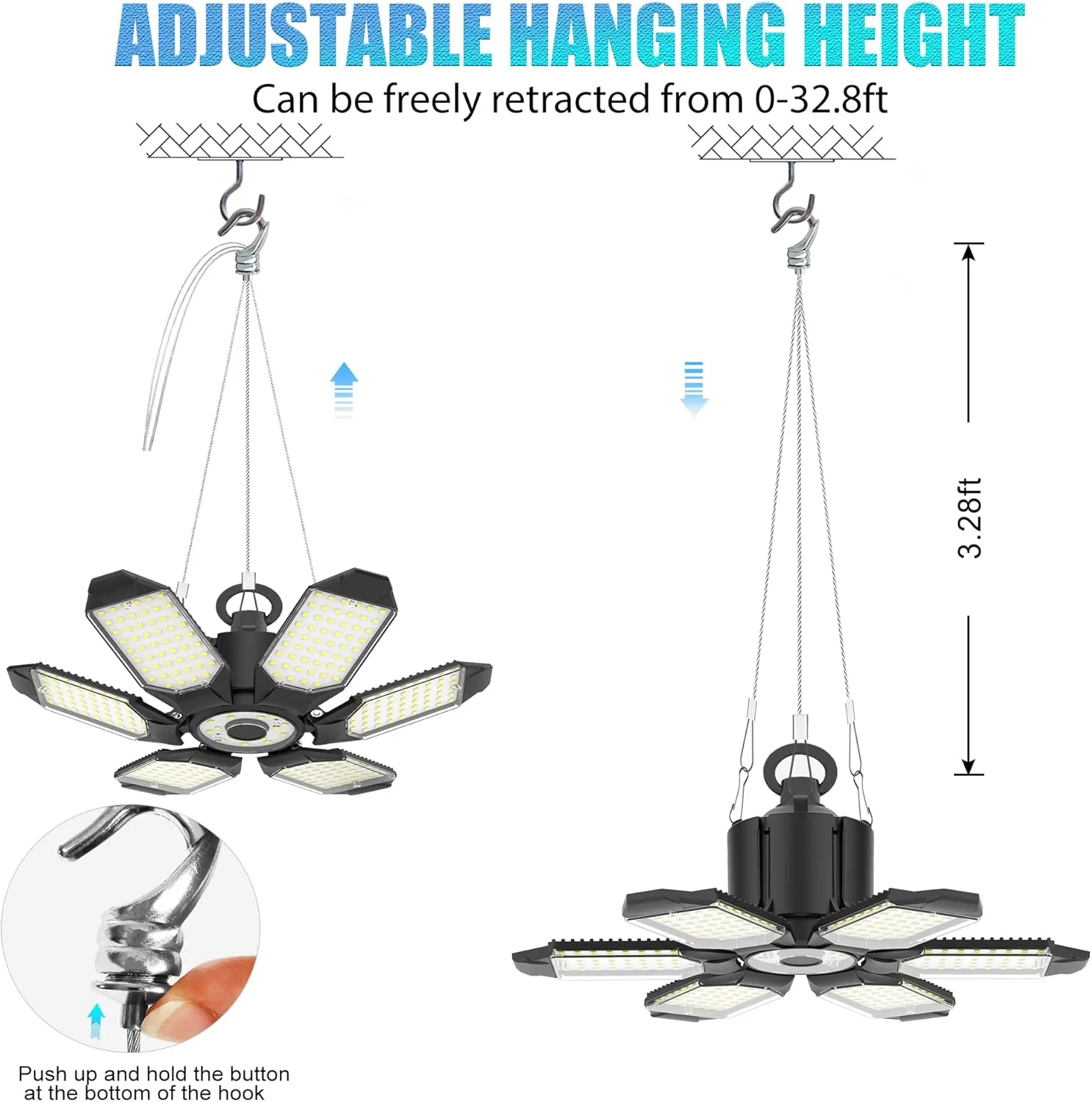 Linkable LED Shop Light with 6 Deformable Panels, 200W 6000K Plug in Garage Ceiling Lights, Hanging LED Garage Lights for Warehouse Barn Basement - 9.84ft Power Cord with On/Off Switch & US Plug