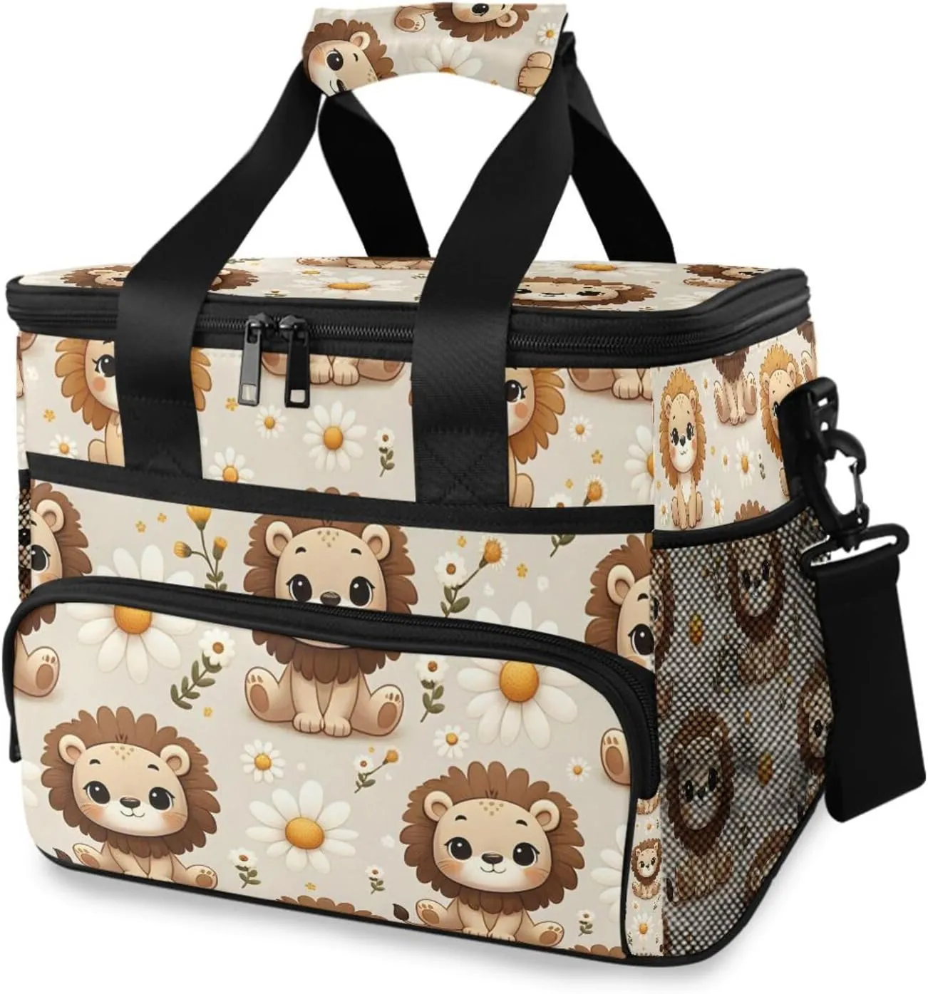 Lion White Daisy Flower Cooler Bag Insulated Cooler Soft Sided Cooler 24 Can Portable Picnic Bag Large Leakproof Lunch Bag Box for Beach Grocery Camping Travel Car Men Women
