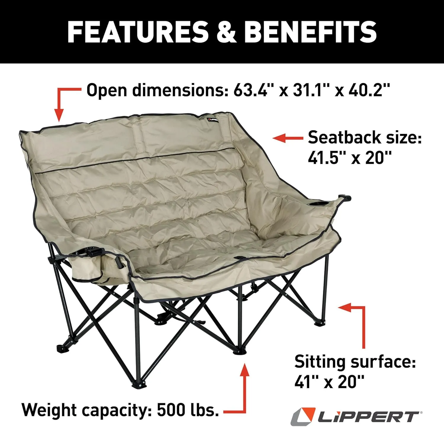 Lippert Big Bear Sand Folding Camping Loveseat with 500-lb. Weight Capacity, Durable Mesh Fabrics, High-Loft Cushioning, Dual Cupholders, Storage Pocket, Zippered Carrying Bag - 2023053718