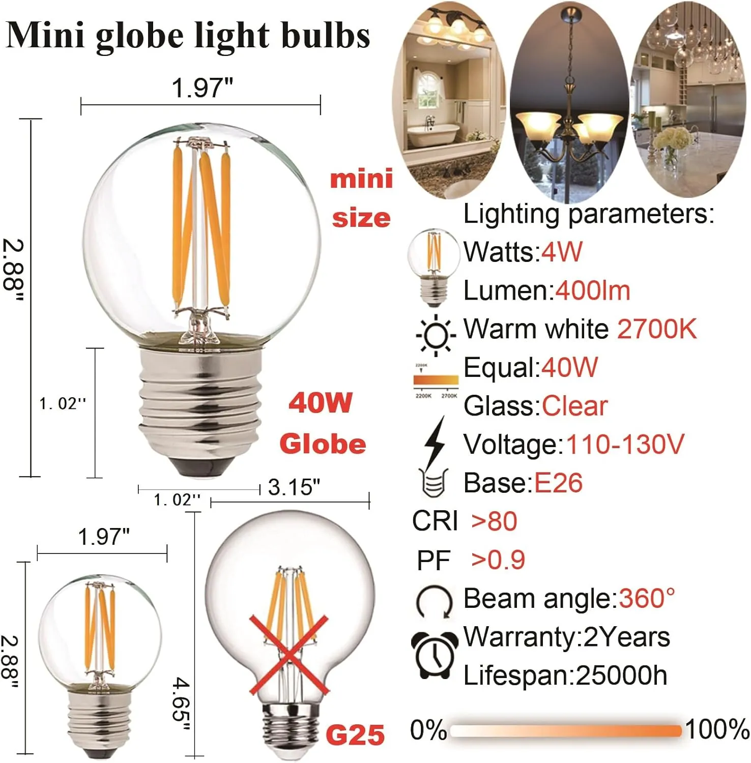 LiteHistory Dimmable 40W g16.5 Edison Bulb - 2700K 4W e26 Globe Bulb for Ceiling Fans, Chandeliers, Vanity Lights - AC120V 400lm 6Pack