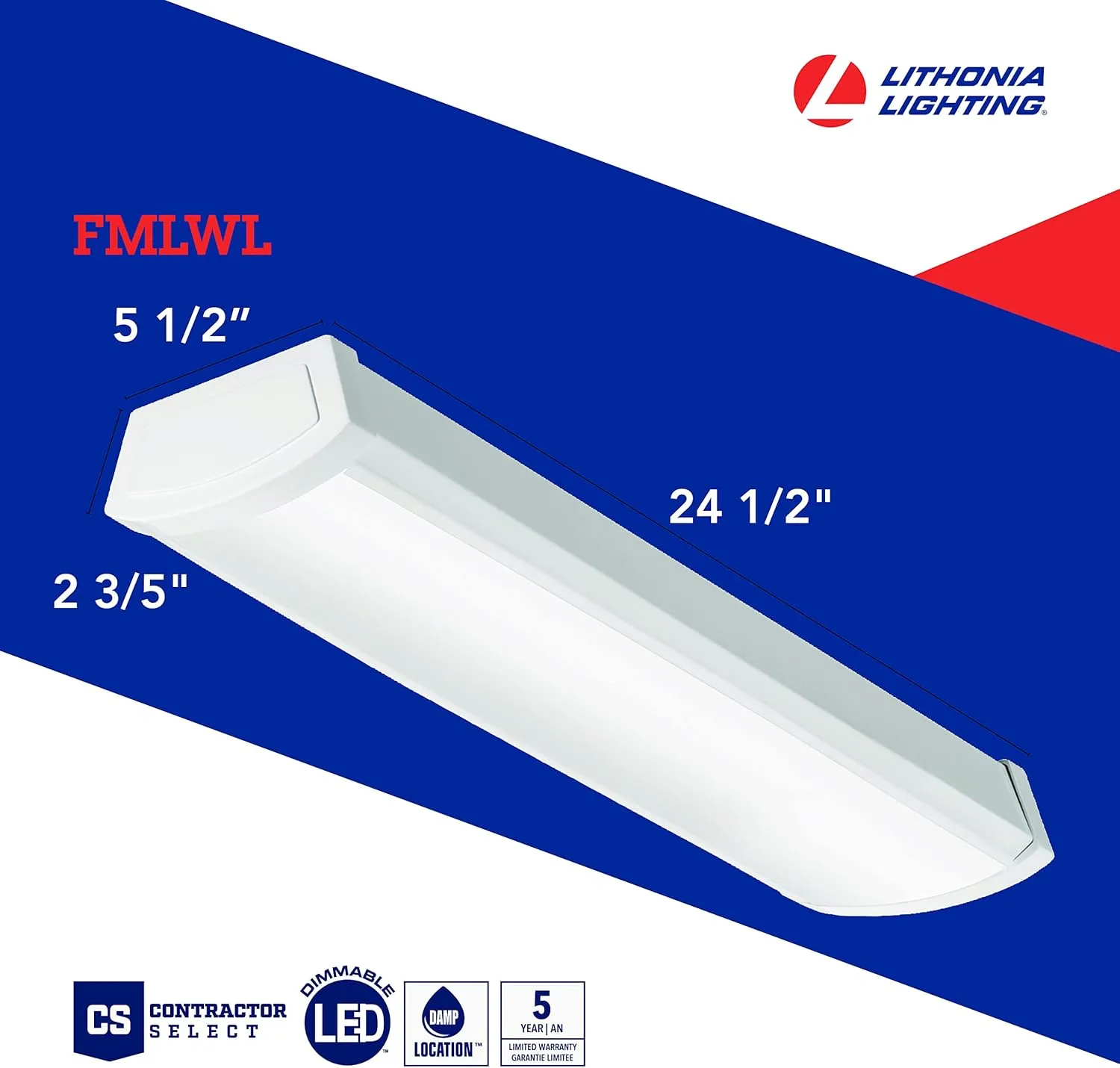 Lithonia Lighting 2 Foot LED Light Fixture, Low-Profile LED Wraparound Flush Mount Ceiling Light, 4000K Cool White, 120V, 24-Inch (FMLWL 24 840)