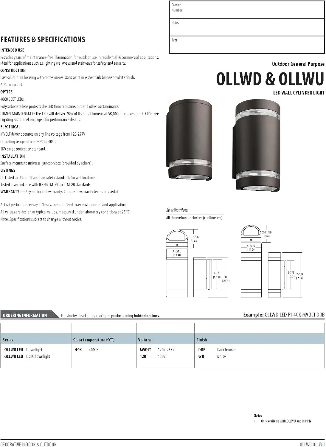 Lithonia Lighting OLLWD P1 40K MVOLT DDB M6 LED Outdoor Cylinder Downlight 4000K, 9W, Dark Bronze