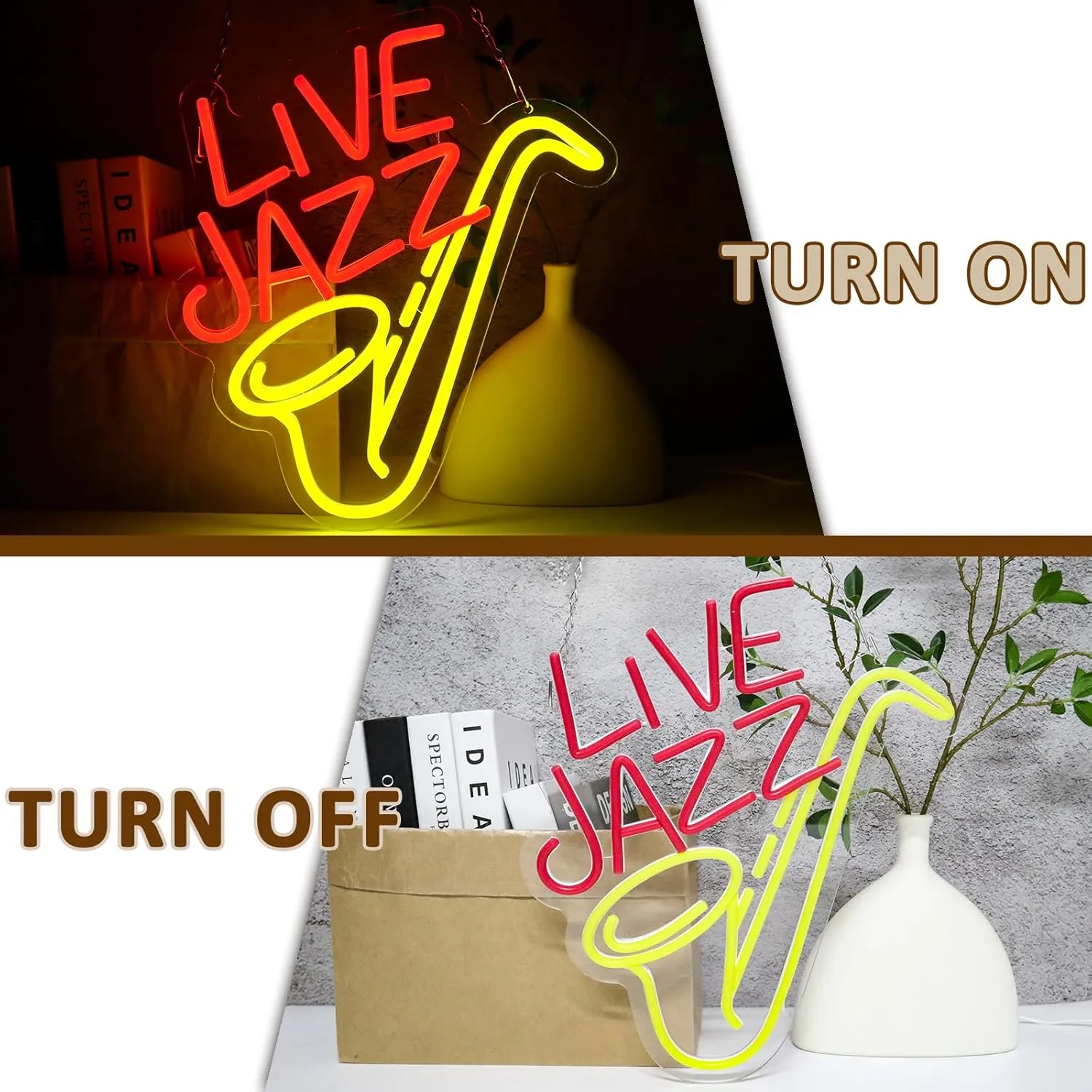 Live Jazz Neon Sign for Wall Decor, Saxophone Led Signs for Music Studio, USB Dimmable Live Music Neon Lights for Jazz Club Bar Home Show Studio Recording Room Wall Art