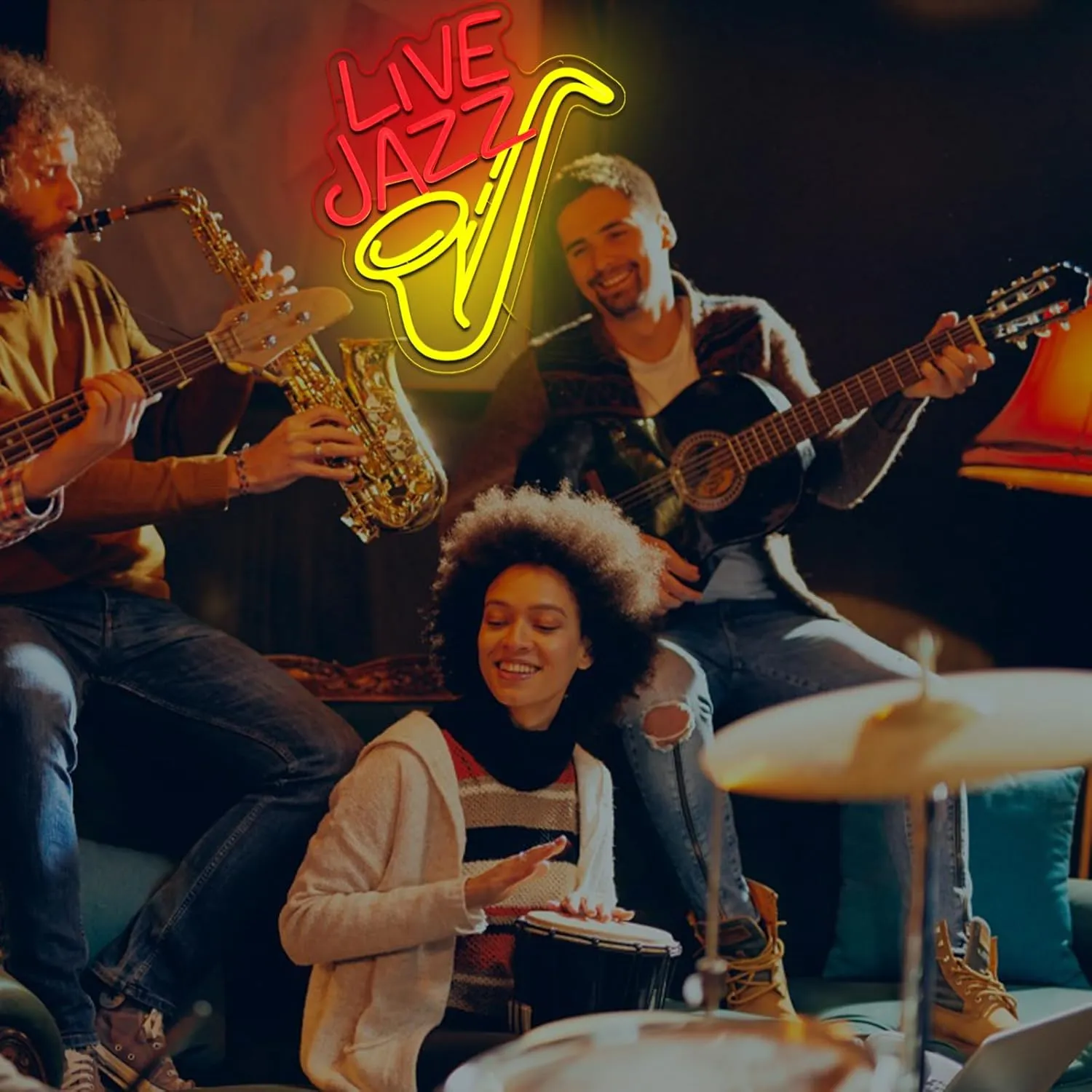 Live Jazz Neon Sign for Wall Decor, Saxophone Led Signs for Music Studio, USB Dimmable Live Music Neon Lights for Jazz Club Bar Home Show Studio Recording Room Wall Art