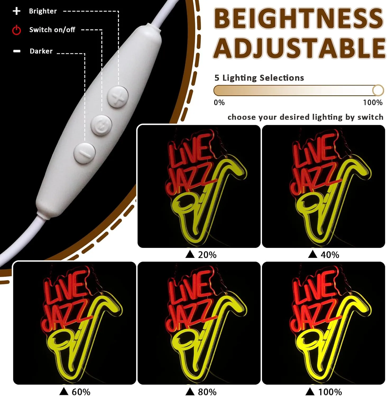 Live Jazz Neon Sign for Wall Decor, Saxophone Led Signs for Music Studio, USB Dimmable Live Music Neon Lights for Jazz Club Bar Home Show Studio Recording Room Wall Art