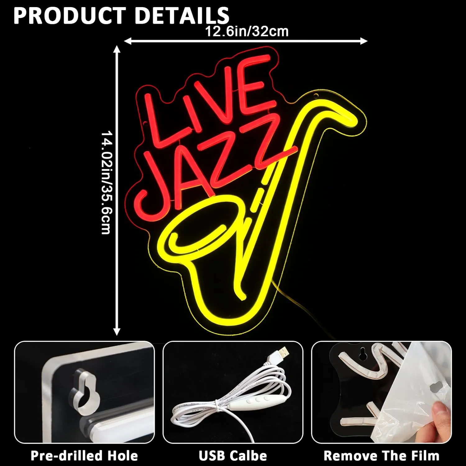 Live Jazz Neon Sign for Wall Decor, Saxophone Led Signs for Music Studio, USB Dimmable Live Music Neon Lights for Jazz Club Bar Home Show Studio Recording Room Wall Art