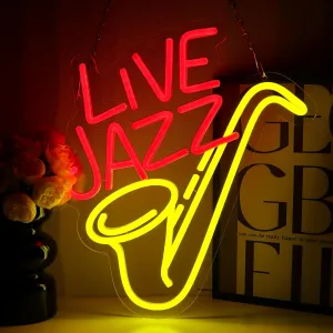 Live Jazz Neon Sign for Wall Decor, Saxophone Led Signs for Music Studio, USB Dimmable Live Music Neon Lights for Jazz Club Bar Home Show Studio Recording Room Wall Art
