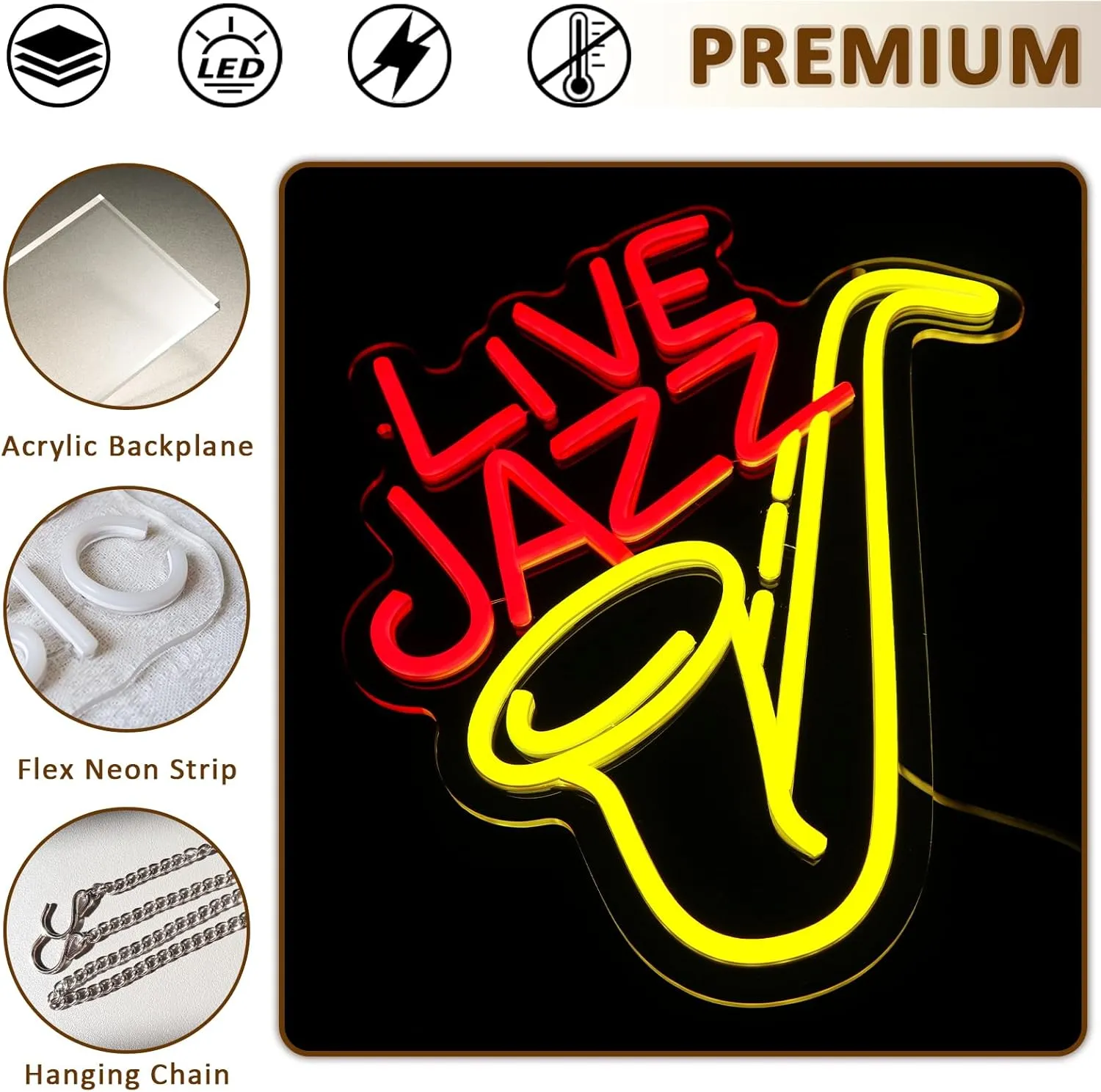 Live Jazz Neon Sign for Wall Decor, Saxophone Led Signs for Music Studio, USB Dimmable Live Music Neon Lights for Jazz Club Bar Home Show Studio Recording Room Wall Art