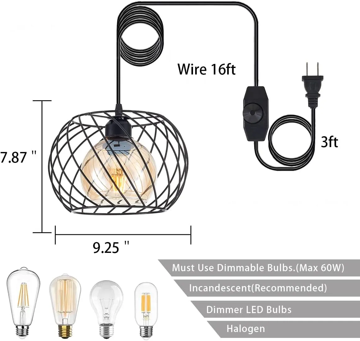 Long-ZS Plug in Pendant Light Dimmable, Glass Hanging Lamp Plug in with 16ft Cord,Black Swag Lamp for Kitchen Island,Bedroom,Living Room,Corner