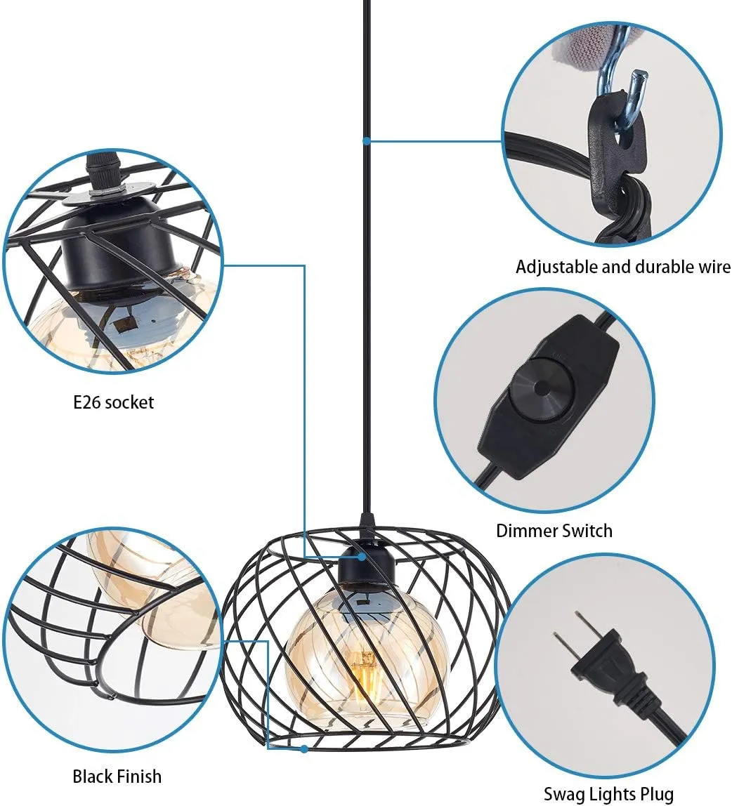 Long-ZS Plug in Pendant Light Dimmable, Glass Hanging Lamp Plug in with 16ft Cord,Black Swag Lamp for Kitchen Island,Bedroom,Living Room,Corner