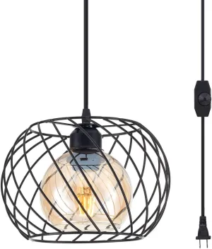 Long-ZS Plug in Pendant Light Dimmable, Glass Hanging Lamp Plug in with 16ft Cord,Black Swag Lamp for Kitchen Island,Bedroom,Living Room,Corner