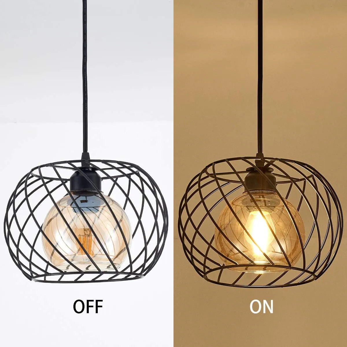 Long-ZS Plug in Pendant Light Dimmable, Glass Hanging Lamp Plug in with 16ft Cord,Black Swag Lamp for Kitchen Island,Bedroom,Living Room,Corner