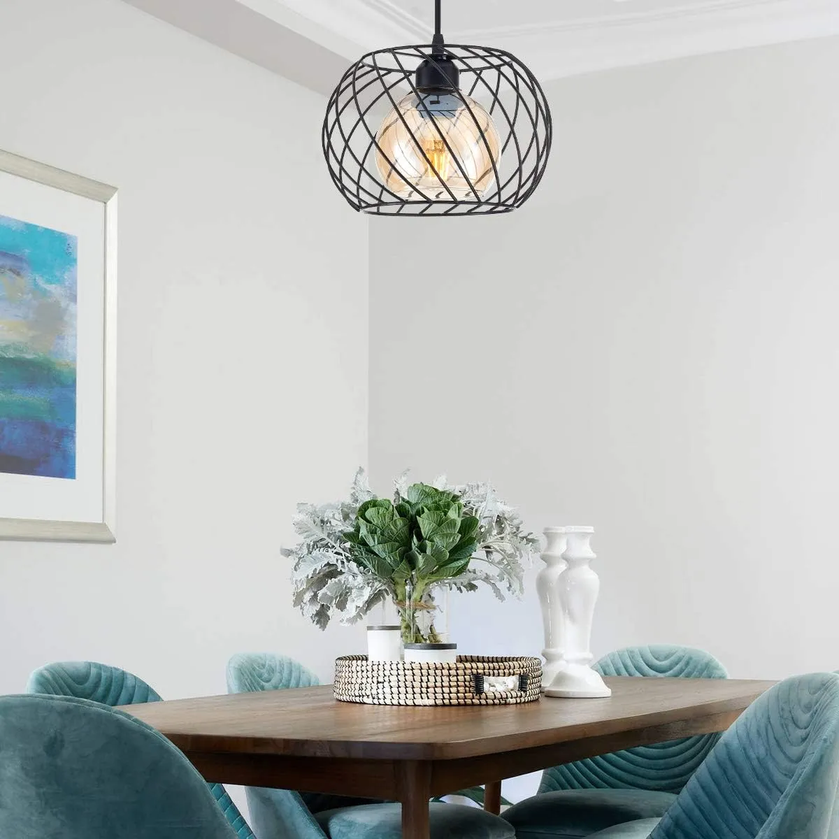 Long-ZS Plug in Pendant Light Dimmable, Glass Hanging Lamp Plug in with 16ft Cord,Black Swag Lamp for Kitchen Island,Bedroom,Living Room,Corner