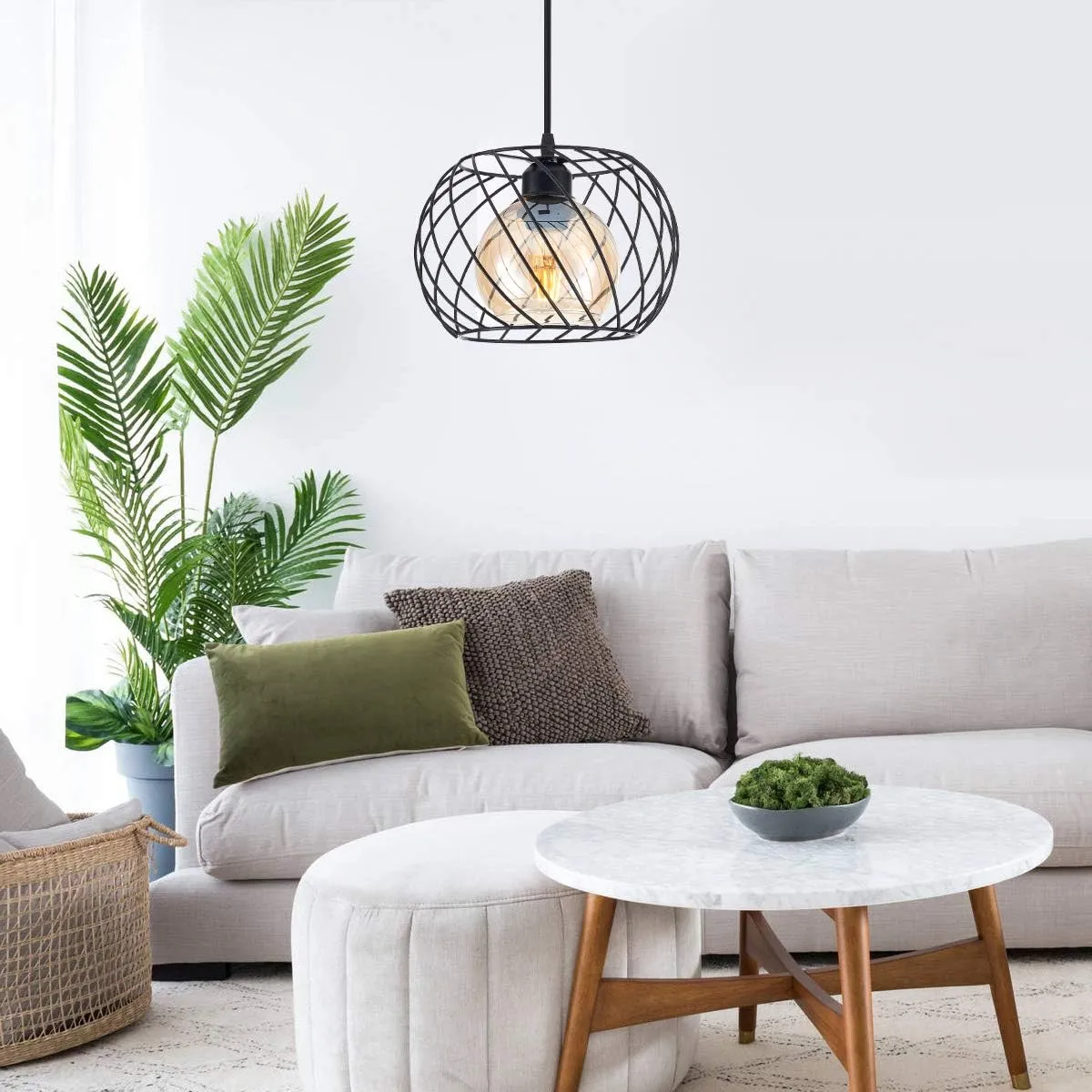 Long-ZS Plug in Pendant Light Dimmable, Glass Hanging Lamp Plug in with 16ft Cord,Black Swag Lamp for Kitchen Island,Bedroom,Living Room,Corner