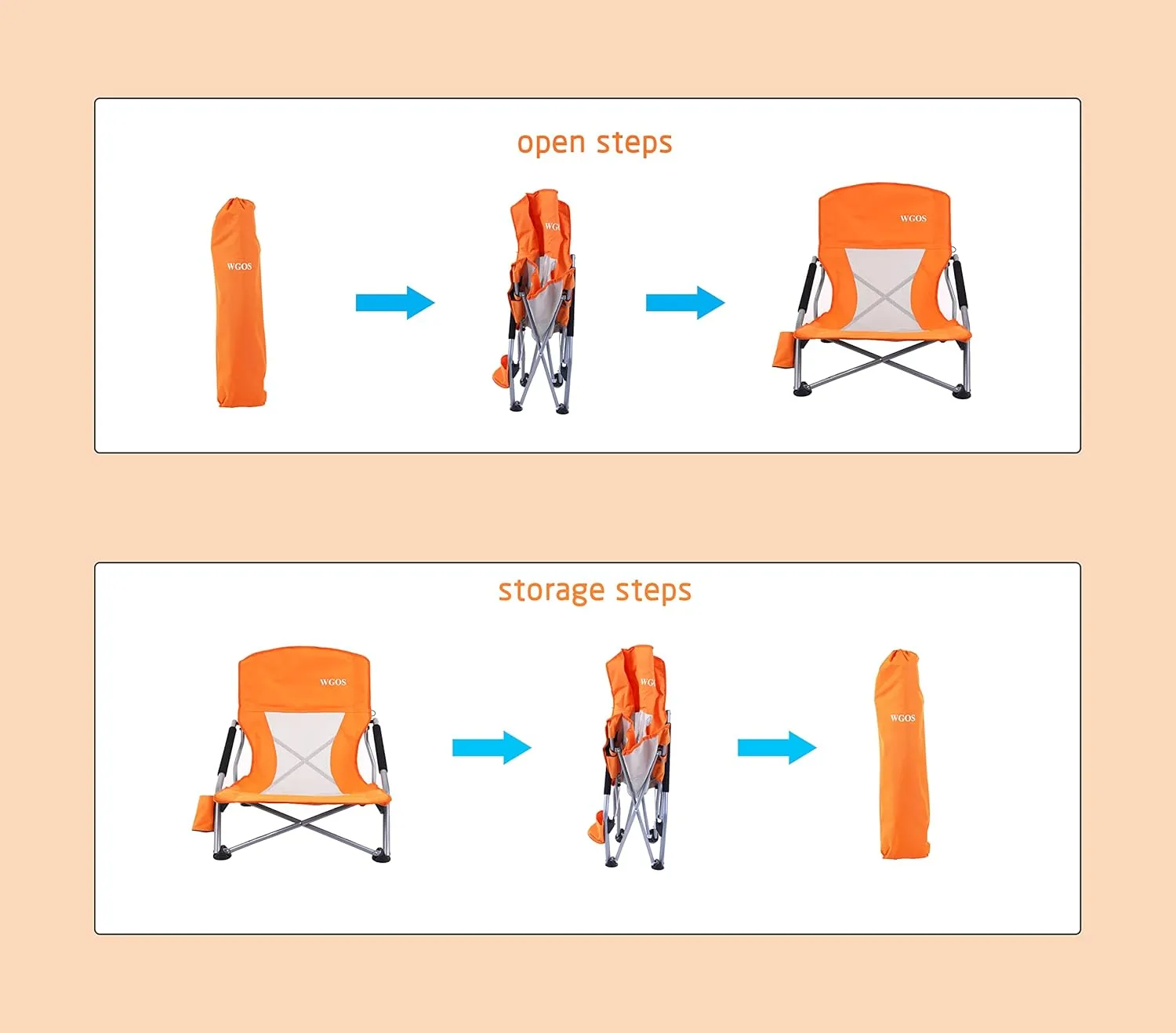 Low Beach Chair for Adults Beach Chair with Umbrella Folding Chair Detachable SPF 50  Umbrella, Armrests, Cup Holder, Portable Sand Chair (2-Pack Orange)