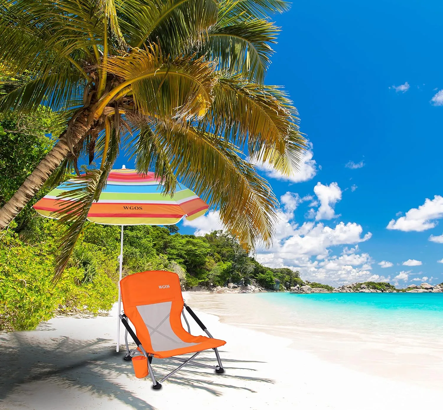 Low Beach Chair for Adults Beach Chair with Umbrella Folding Chair Detachable SPF 50  Umbrella, Armrests, Cup Holder, Portable Sand Chair (2-Pack Orange)