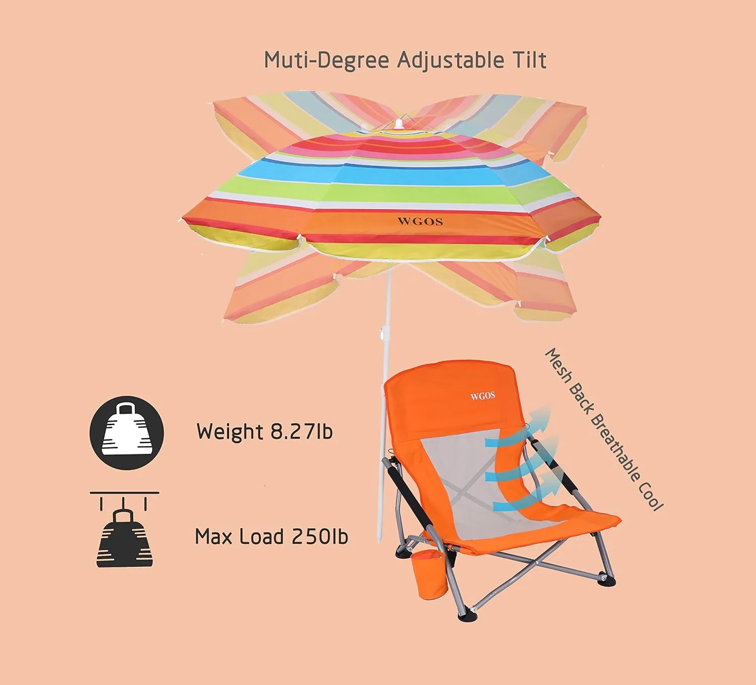Low Beach Chair for Adults Beach Chair with Umbrella Folding Chair Detachable SPF 50  Umbrella, Armrests, Cup Holder, Portable Sand Chair (2-Pack Orange)