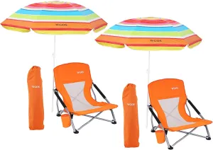 Low Beach Chair for Adults Beach Chair with Umbrella Folding Chair Detachable SPF 50  Umbrella, Armrests, Cup Holder, Portable Sand Chair (2-Pack Orange)
