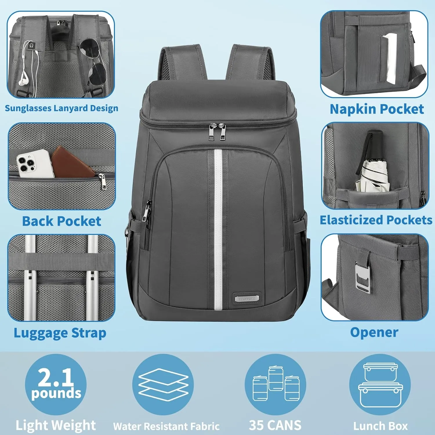 LTINVECK Cooler Backpack for Women Men,Insulated Backpack Cooler Leakproof Double Deck Work Lunchboxes Cooler Bag,Hot and Cold Thermal Backpack with Reflective Stripes
