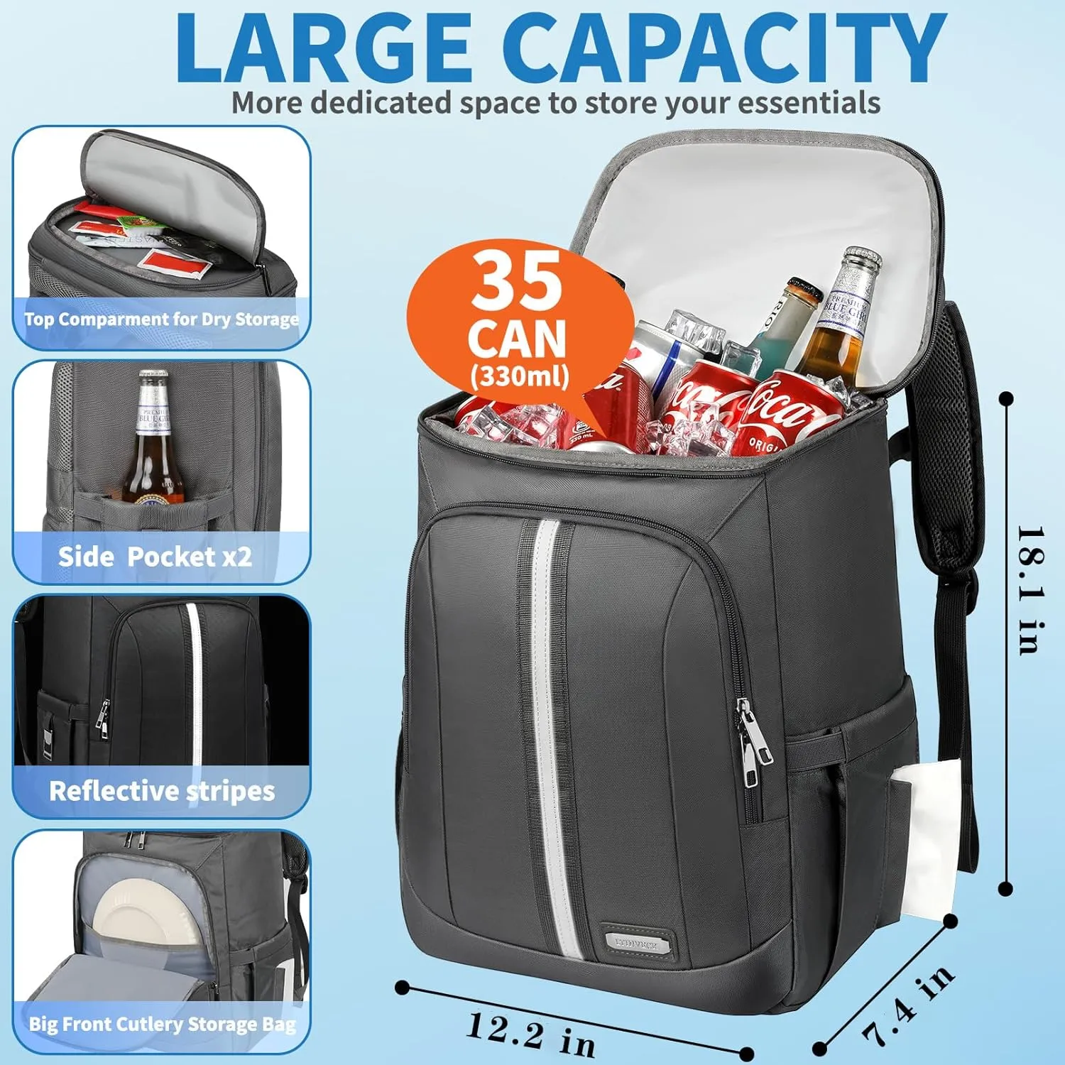 LTINVECK Cooler Backpack for Women Men,Insulated Backpack Cooler Leakproof Double Deck Work Lunchboxes Cooler Bag,Hot and Cold Thermal Backpack with Reflective Stripes