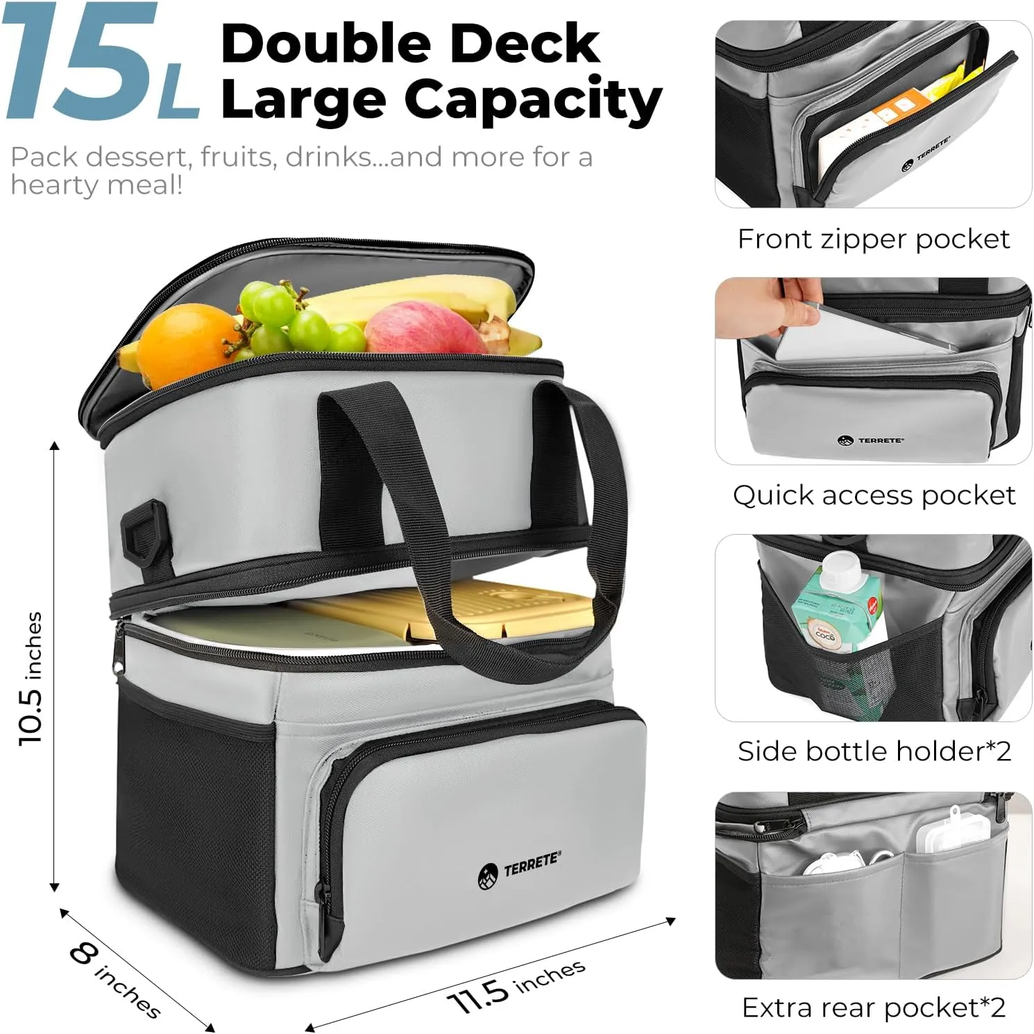 Lunch Bag, Lunch Box for Men, Double Deck Insulated Lunch Bag Women, Leakproof Lunch Cooler Bag for Men Work (Grey 15L)