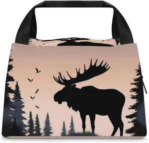 Lunch Bag, Moose Mountain Pine Tree Wilderness Print Insulated Lunch Bag Outdoor Lunch Tote Portable Lunch Bag Zipper Lunch Bag Practical Meal Bag