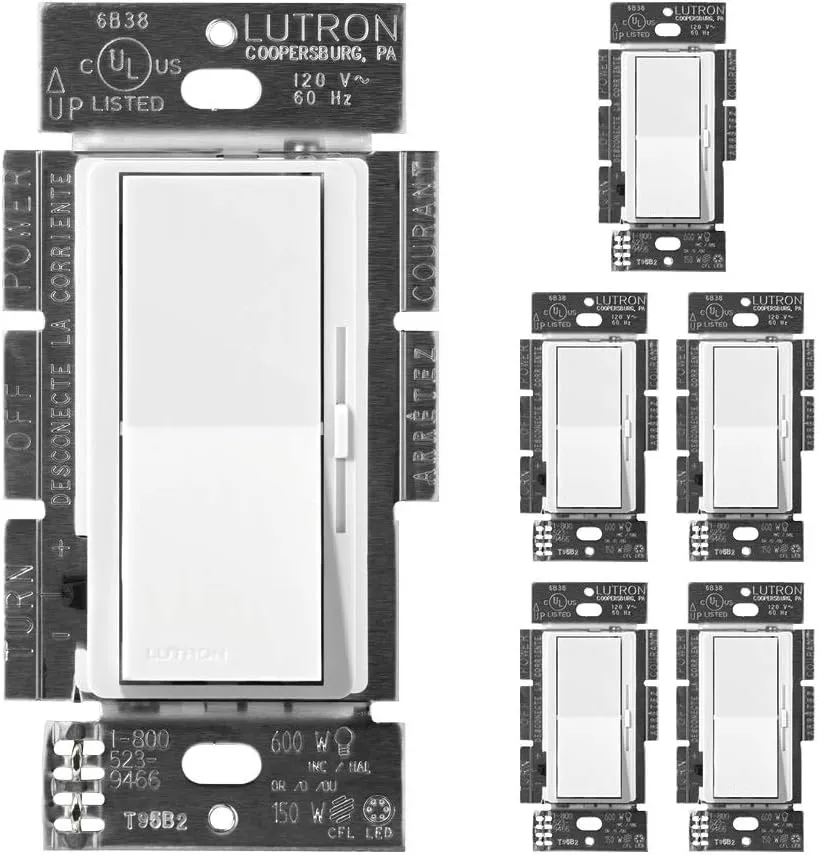 Lutron Diva LED  Dimmer Switch for Dimmable LED, Halogen and Incandescent Bulbs, 150 Watt, Single-Pole or 3-Way, DVCL-153P-WH-6, White, 6 Pack