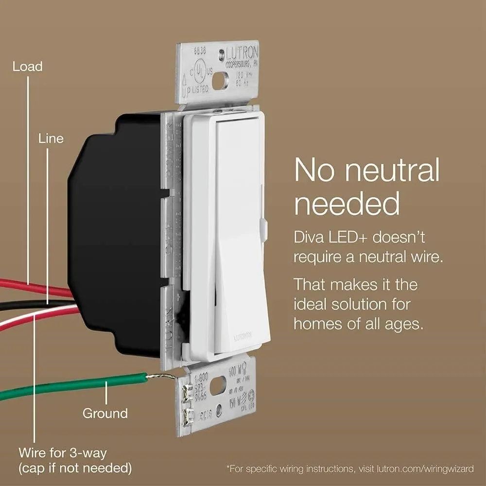 Lutron Diva LED  Dimmer Switch for Dimmable LED, Halogen and Incandescent Bulbs, 150 Watt, Single-Pole or 3-Way, DVCL-153P-WH-6, White, 6 Pack