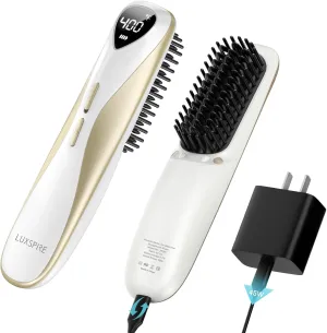 Luxspire Cordless Hair Straightener Brush, Dual Power Hair Brush Straightener with 45W Fast Charger, 6 Temps 200M Negative Ions, Portable Comb for Travel, White