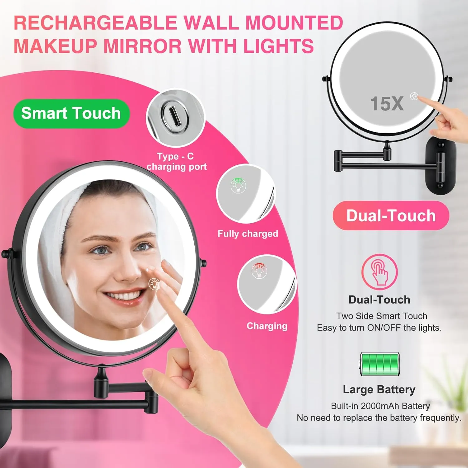 Magnifying Mirror with Lights 1x/15x Rechargeable: 8.5 inch Wall Mounted Lighted Makeup Mirror for Bathroom