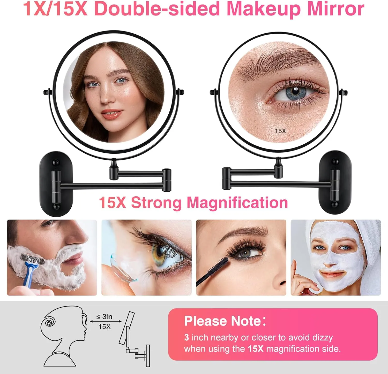 Magnifying Mirror with Lights 1x/15x Rechargeable: 8.5 inch Wall Mounted Lighted Makeup Mirror for Bathroom