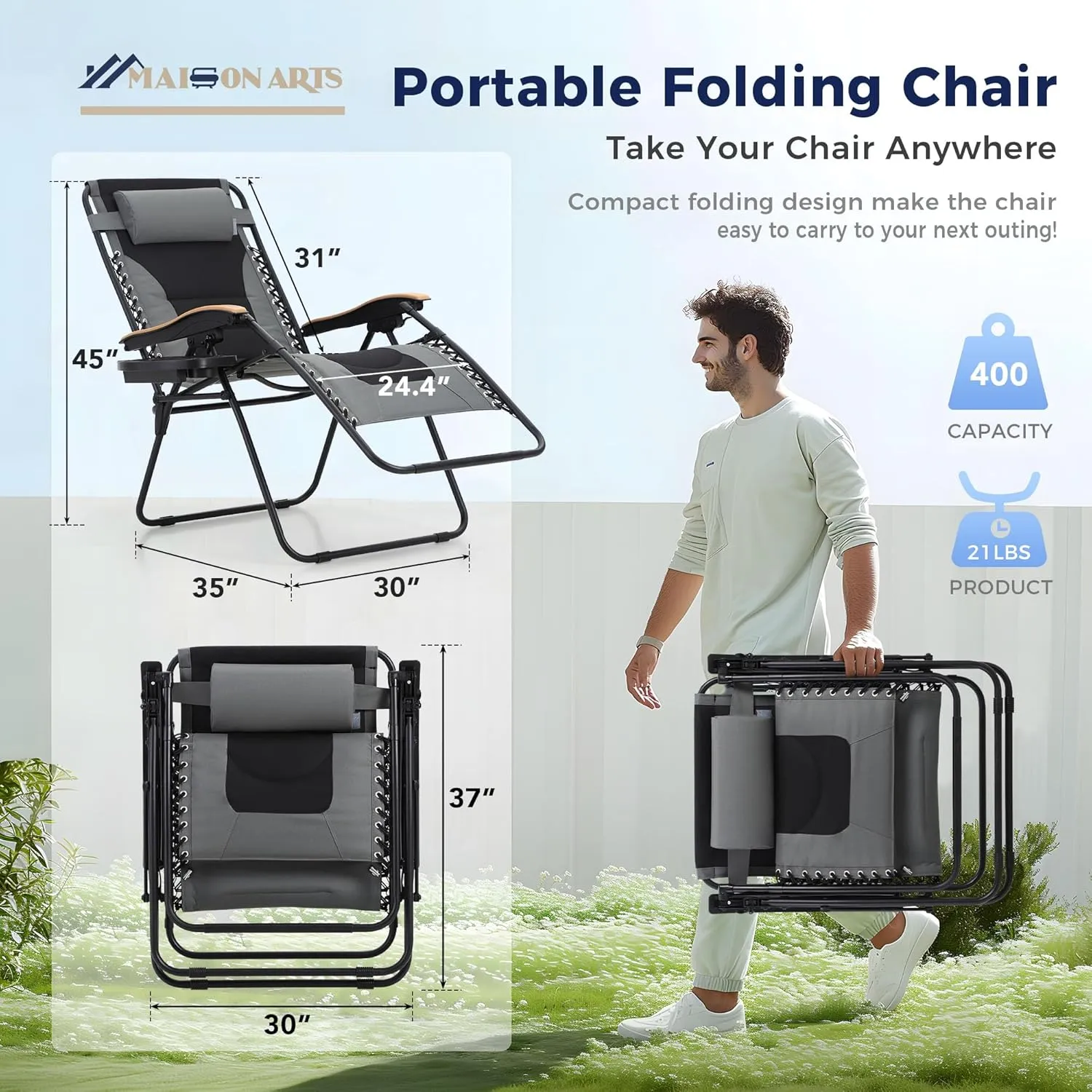 MAISON ARTS Oversized XXL Padded Zero Gravity Lawn Chair Foldable Recliner 30" Wide Seat Anti Gravity Lounge Chair Outdoor Camp Chair for Poolside Backyard Beach, Support 400LBS, Grey