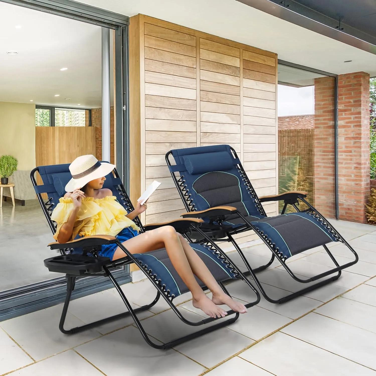 MAISON ARTS Oversized XXL Padded Zero Gravity Lounge Chairs Set of 2 Anti Gravity Lawn Chairs 30" Wide Seat Foldable Recliners Outdoor Camp Chairs for Poolside Yard,Support 400LBS, Blue