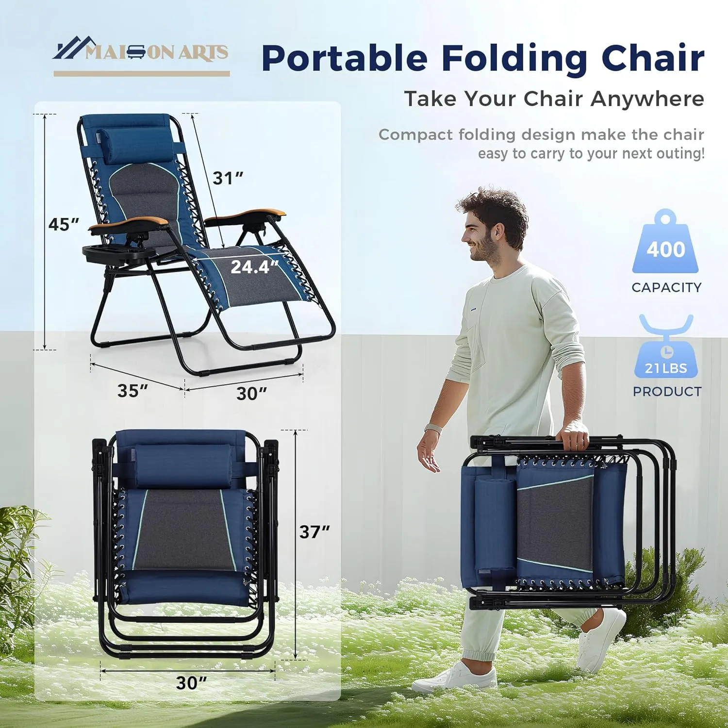 MAISON ARTS Oversized XXL Padded Zero Gravity Lounge Chairs Set of 2 Anti Gravity Lawn Chairs 30" Wide Seat Foldable Recliners Outdoor Camp Chairs for Poolside Yard,Support 400LBS, Blue