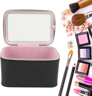 Makeup Bag with LED Mirror, Three Adjustable Light Colors and Brightness Levels, USB Rechargeable Water Proof PU Makeup Case for Women