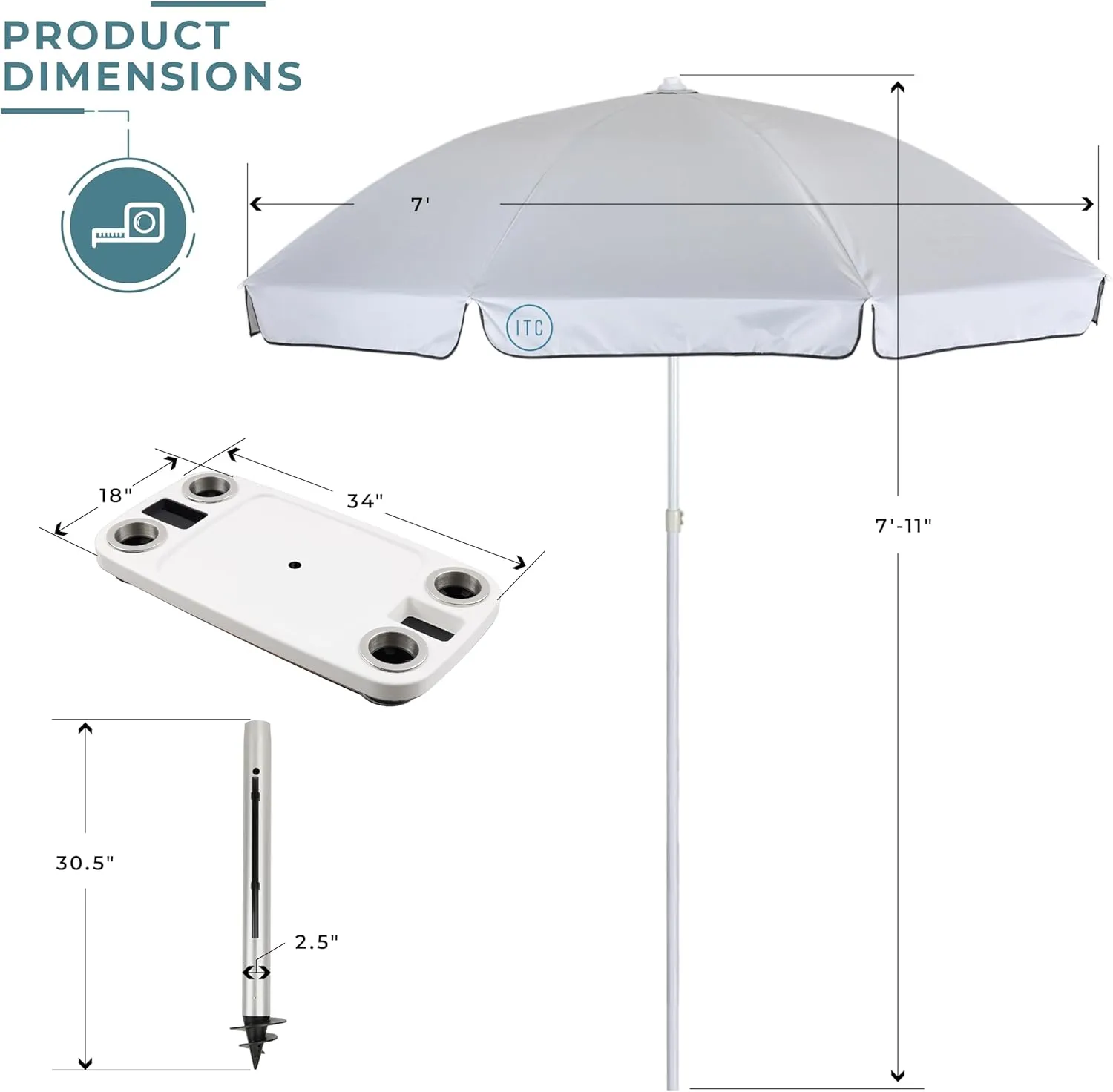 Manufacturers' Select ITC Boat Table w/Umbrella and 47" Sand Bar Leg Set - Large Table, Leg with Sand Auger, Tilting Umbrella, 4 Large Drink Holders, 2 Phone Slots (Glossy White w/ 31" Sand Bar)