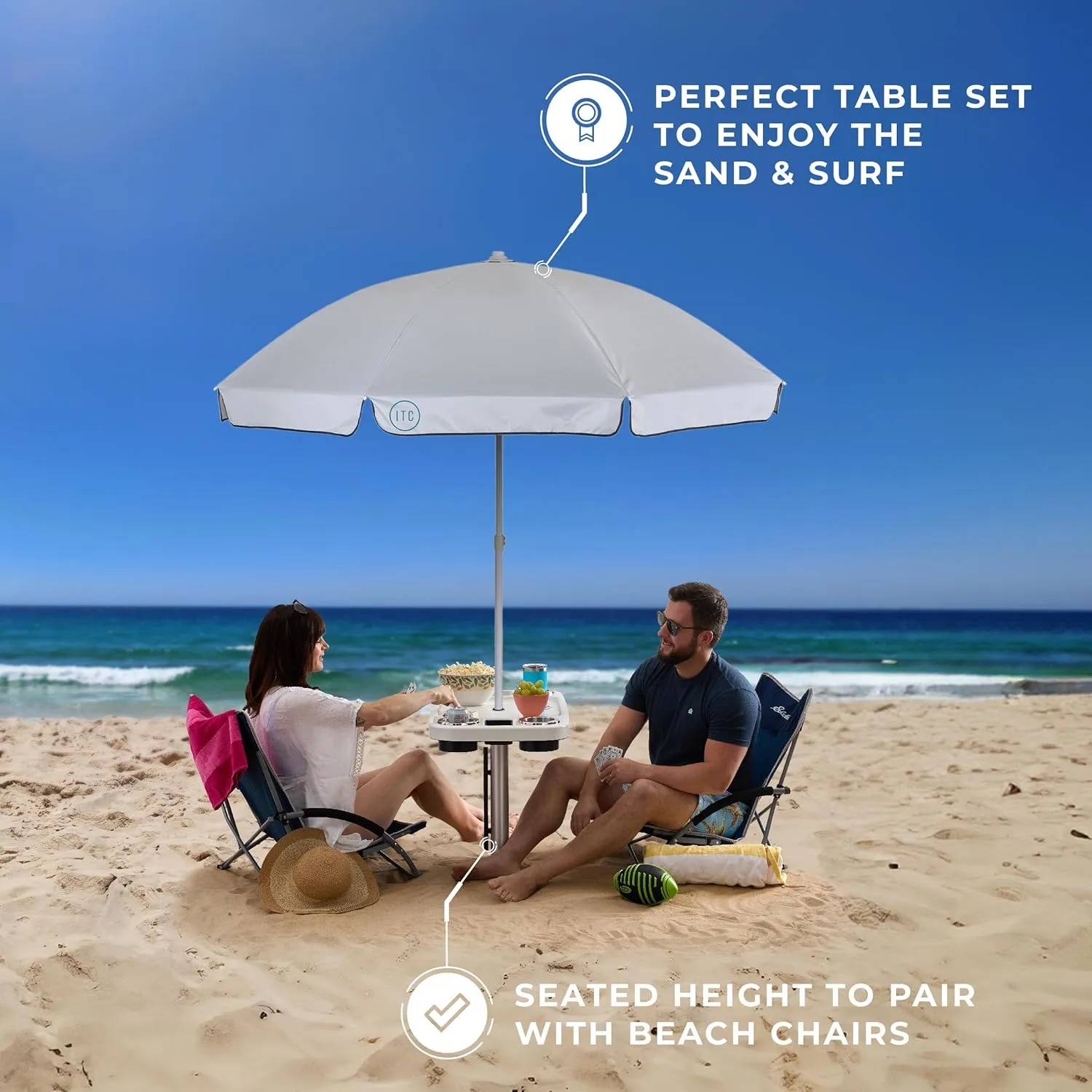 Manufacturers' Select ITC Boat Table w/Umbrella and 47" Sand Bar Leg Set - Large Table, Leg with Sand Auger, Tilting Umbrella, 4 Large Drink Holders, 2 Phone Slots (Glossy White w/ 31" Sand Bar)