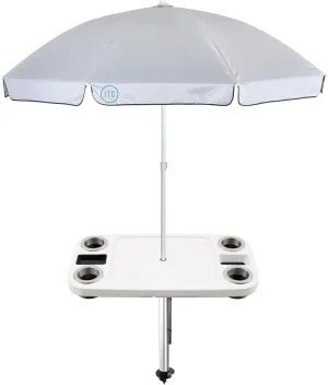 Manufacturers' Select ITC Boat Table w/Umbrella and 47" Sand Bar Leg Set - Large Table, Leg with Sand Auger, Tilting Umbrella, 4 Large Drink Holders, 2 Phone Slots (Glossy White w/ 31" Sand Bar)