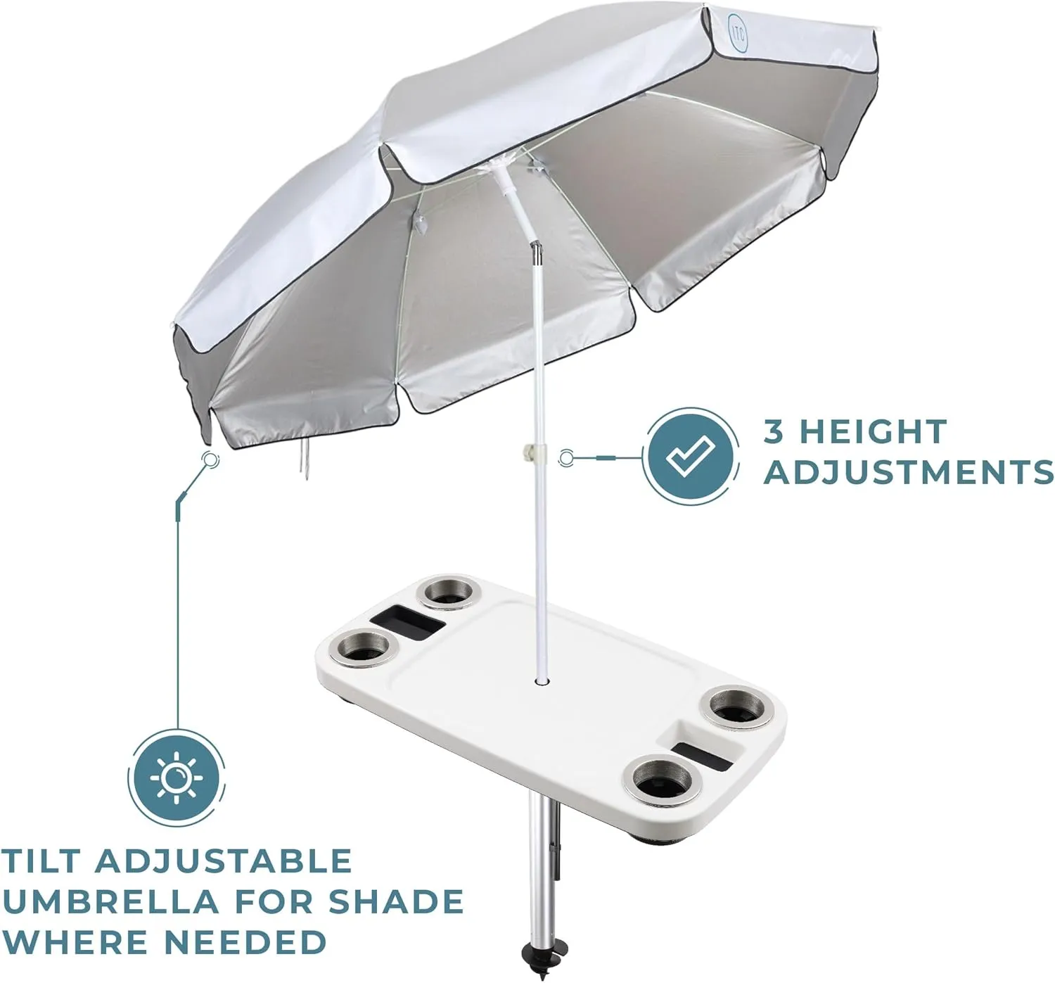 Manufacturers' Select ITC Boat Table w/Umbrella and 47" Sand Bar Leg Set - Large Table, Leg with Sand Auger, Tilting Umbrella, 4 Large Drink Holders, 2 Phone Slots (Glossy White w/ 31" Sand Bar)