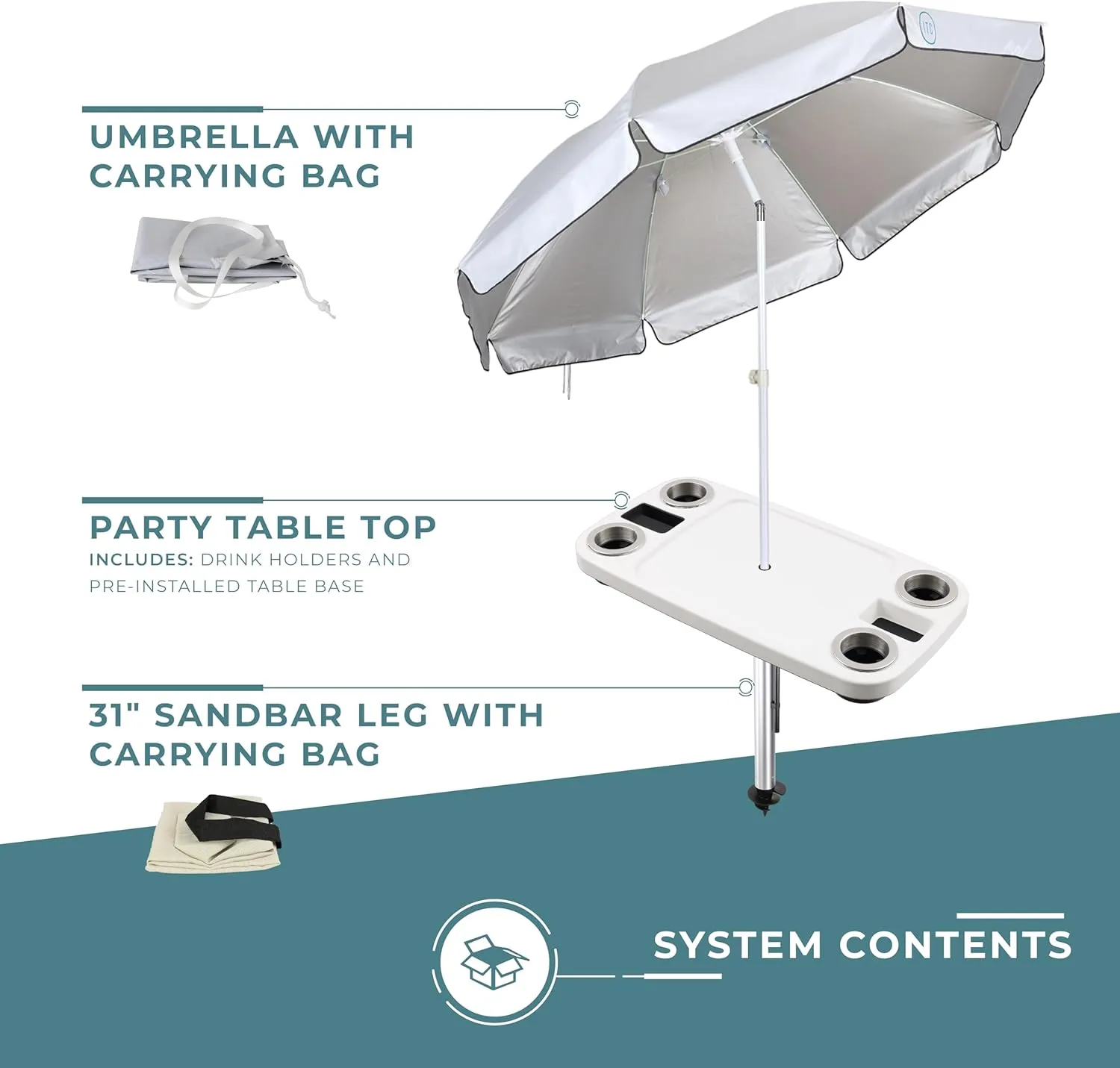 Manufacturers' Select ITC Boat Table w/Umbrella and 47" Sand Bar Leg Set - Large Table, Leg with Sand Auger, Tilting Umbrella, 4 Large Drink Holders, 2 Phone Slots (Glossy White w/ 31" Sand Bar)
