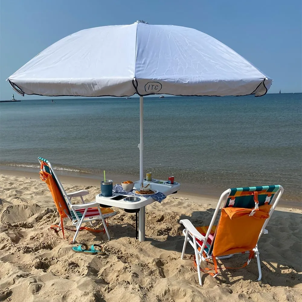 Manufacturers' Select ITC Boat Table w/Umbrella and 47" Sand Bar Leg Set - Large Table, Leg with Sand Auger, Tilting Umbrella, 4 Large Drink Holders, 2 Phone Slots (Glossy White w/ 31" Sand Bar)