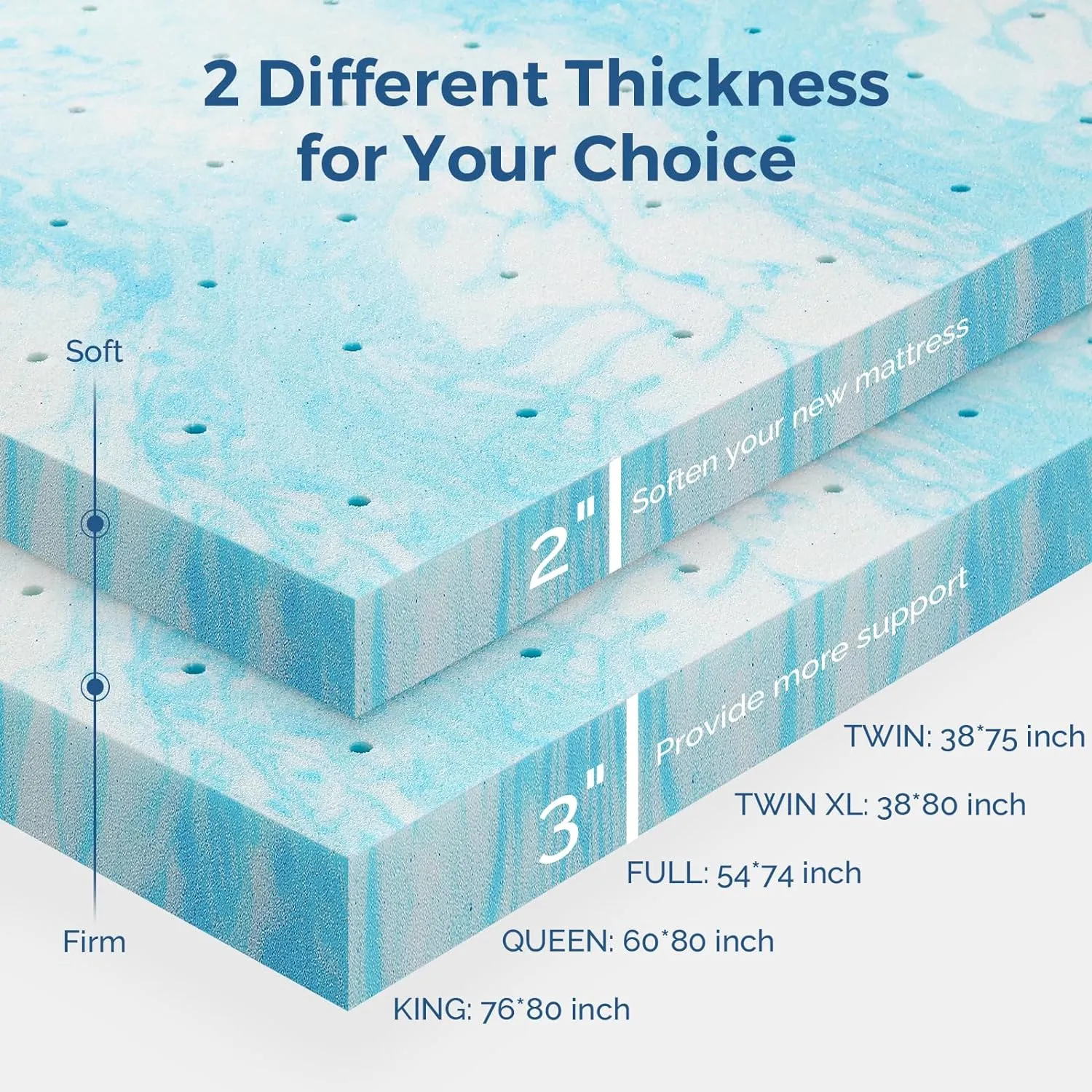 Mattress Topper Full, 3 Inch Gel Memory Foam Bed Topper for Full Size Bed, CertiPUR-US Certified, Blue