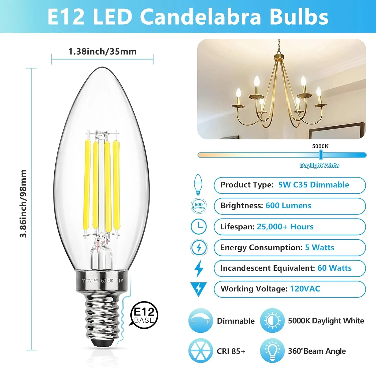 MAXvolador Dimmable E12 LED Candelabra Bulbs 60W Equivalent, Daylight White 5000K, 600LM Chandelier Light Bulb, B11 LED Candle Light Bulbs, 12 Pack
