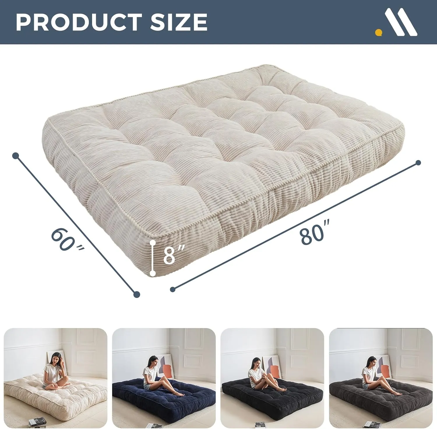 MAXYOYO 8" Futon Mattress Queen Size, Ultra Thick Futons Sofa Couch Bed Tufted Sleeper Sofa Bed, Corded Fabric Floor Mattress for Adults, Shredded Foam Filling (Frame Not Included), Beige