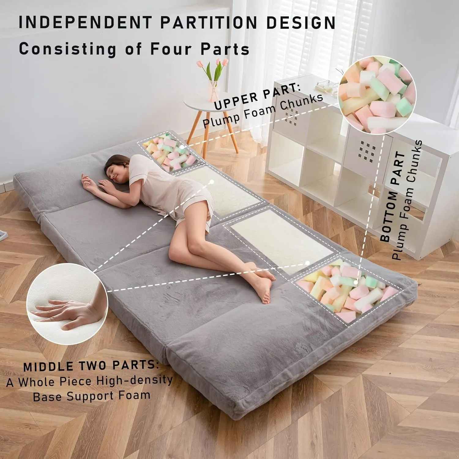 MAXYOYO Bean Bag Bed Floor Bed, Extra Thick Folding Sofa Bed Floor Chair for Adults Floor Sofa with Faux Fur Washable Cover, Full Floor Couch Bed for Bedroom Living Room, Grey, 54x95 Inch