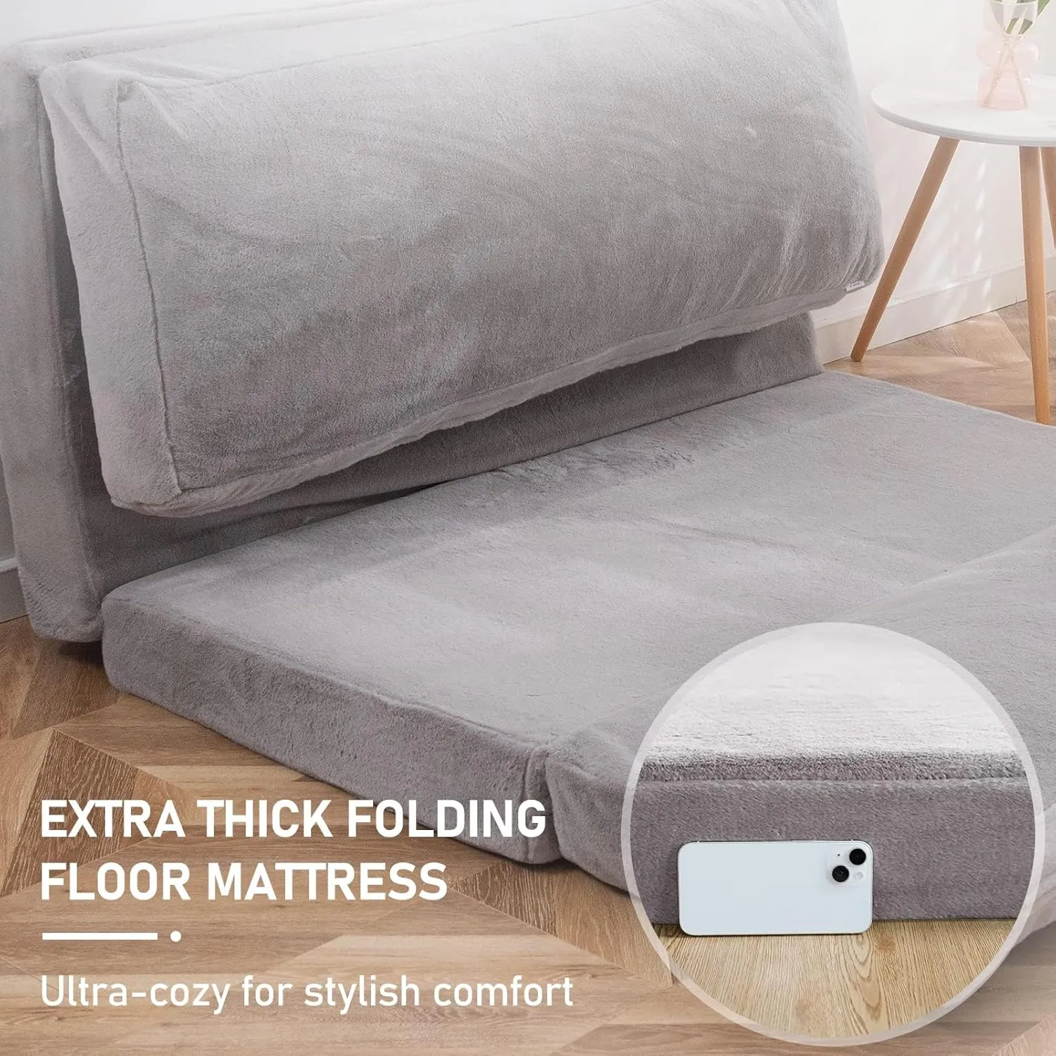 MAXYOYO Bean Bag Bed Floor Bed, Extra Thick Folding Sofa Bed Floor Chair for Adults Floor Sofa with Faux Fur Washable Cover, Full Floor Couch Bed for Bedroom Living Room, Grey, 54x95 Inch
