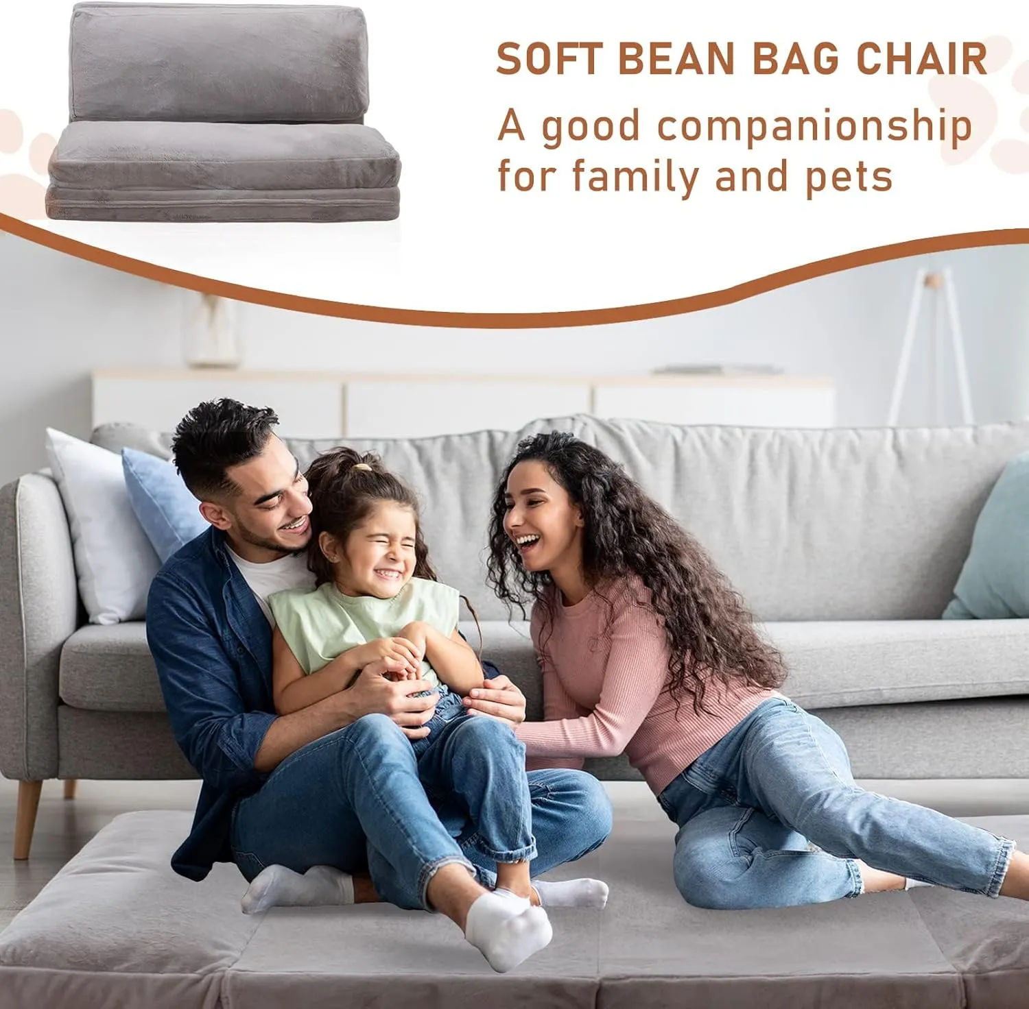 MAXYOYO Bean Bag Bed Floor Bed, Extra Thick Folding Sofa Bed Floor Chair for Adults Floor Sofa with Faux Fur Washable Cover, Full Floor Couch Bed for Bedroom Living Room, Grey, 54x95 Inch