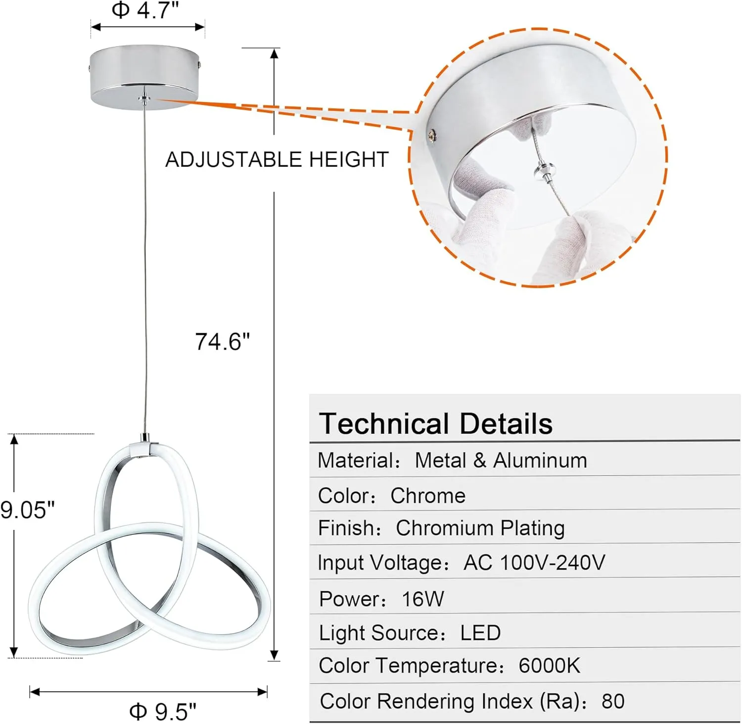 MAYNA LED Pendant Light Fixture, Modern Dining Room Chandelier, 16W Adjustable Height Island Light Fixture for Kitchen Bedroom Kitchen Island Cafe,1 Pack